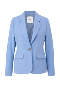 Blazer bleu clair avec un col à revers, fermeture à un bouton, deux poches avant et une texture de tissu lisse. Étiquette visible à l'intérieur.