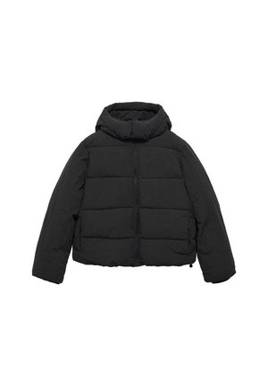 Veste d'hiver noire matelassée avec capuche, manches longues et fermeture éclair frontale, conçue pour temps froid.