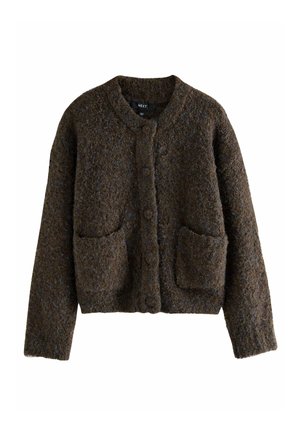 Brun texturerad cardigan med rundad halsringning, frambutiker och två påsydda fickor. Tillverkad av vävt tyg med en mjuk yta.