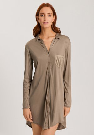 Long-sleeve shirt dress in soft, taupe fabric. Features a button front, collar, and a single chest pocket with a satin finish. Straight hem.