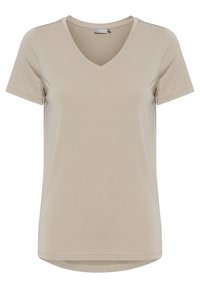 Beige tričko s krátkým rukávem a výstřihem do V, vyrobené z měkké tkaniny s hladkým povrchem. Má mírně zaoblený lem.