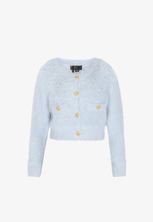 Vaaleansininen pörröinen lyhyt neuletakki, jossa on pitkät hihat, kultaiset napit, kaksi etutaskua ja pieniä koristehelmiä ripoteltuna kankaan pinnalle.