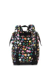 Schwarzer Rucksack mit einem Blumen- und Totenkopf-Muster, ausgestattet mit verstellbaren Trägern, einem oberen Griff und mehreren mit Reißverschluss versehenen Fächern.