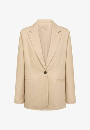 Sacou bej cu un singur nasture, rever cu decupaj, două buzunare frontale drepte și mâneci lungi, croială relaxată.