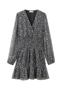 Černobílé šaty s potiskem zvířecího vzoru, s V výstřihem, dlouhými rukávy, smockovaným páskem a rozšířenou sukní. Vyrobeny z lehkého, strukturovaného materiálu.
