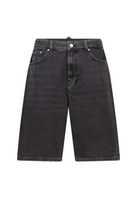 Mustat farkkushortsit rentoa istuvuutta, jossa on nappikiinnitys, vyölenkit ja etutaskut; sileä pinta, jossa on hieman haalistuneita yksityiskohtia.