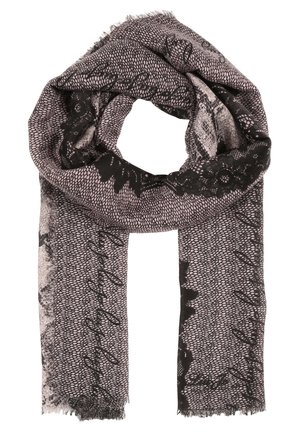 Hellgrauer Schal mit schwarz spitzenähnlichen floralen Mustern und Schrifttextdetails, weiche strukturierte Stoff, fransige Kanten, in einer Schlaufe gefaltet.