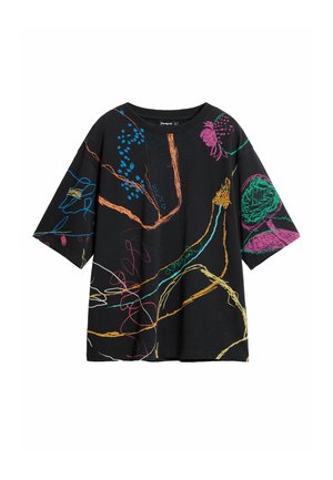 Black cotton t-shirt with short sleeves. Features vibrant, multi-colored embroidered floral and abstract designs throughout. Relaxed fit.