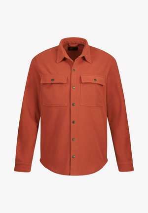Roestkleurige fleece shirt met een puntkraag, drukknoopsluiting en twee borstzakken. Glad textuur, lange mouwen en een klassieke pasvorm.
