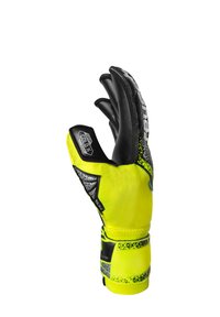Geel keeperhandschoen met een getextureerde zwarte latexpalm, versterkte vingertoppen en een veilige polsband voor een stevige pasvorm.