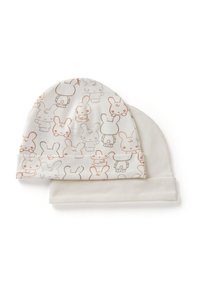 Dos gorros de punto: uno blanco con patrones de conejitos de dibujos animados en gris y naranja, y otro blanco liso. Material de algodón suave, forma redondeada.