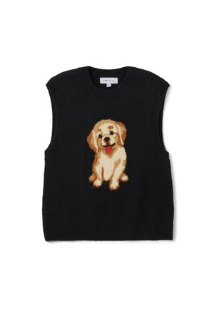 Sleeveless black sweater with ribbed texture featuring a knitted golden retriever design in cream and brown on the front.