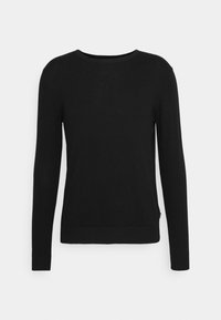 Un pull en tricot noir à manches longues avec un col rond et des poignets et un ourlet côtelés. Texture douce, avec une silhouette ajustée.