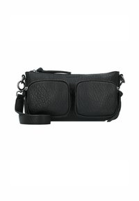 Borsa in pelle nera con due tasche frontali, forma rettangolare, finitura testurizzata, tracolla regolabile e finiture in hardware tono argento.