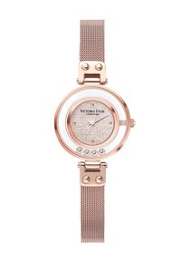 Rose gold mesh-ur med rundt urkasse, hvid bezel, struktureret sølvskive og fem krystal accenter på urskiven. Har en spænde-lukning.