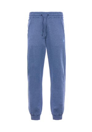 Pantaloni della tuta in cotone blu con vita elasticizzata, cordoncino, tasche laterali e polsini a costine. Dettaglio del logo sul fianco sinistro.