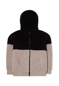 Giacca con cappuccio, con una parte superiore nera e una parte inferiore beige, realizzata in tessuto soffice. Presenta una cerniera frontale e due tasche.