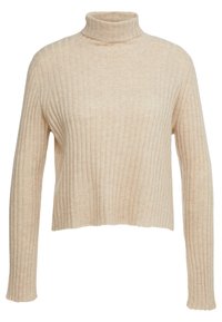 Suéter de cuello alto de canalé en color beige con mangas largas, hecho de una tela suave. Presenta un ajuste relajado y un cuello alto. Dobladillo ligeramente recortado.