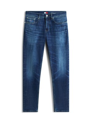 Dark blue slim fit jeans with faded areas, front pockets, belt loops, and a button closure at the waist.