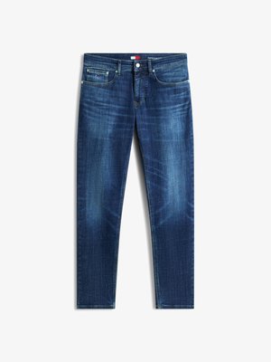 Sötétkék slim fit farmer, kifakult részekkel, első zsebekkel, övbújtatókkal és gombos záródással deréknál.