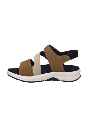 Brown and beige sandal with two straps, open toe design, cushioned black footbed, and a white outsole with black accents.