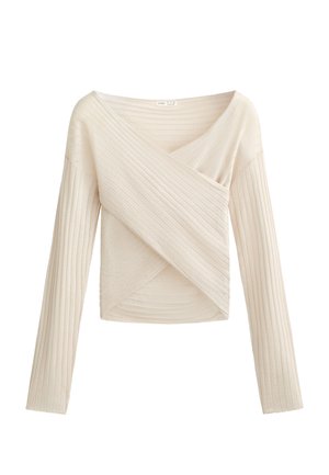 Top a maniche lunghe color beige chiaro a costine con scollo a V incrociato, caratterizzato da una finitura testurizzata e una silhouette aderente.