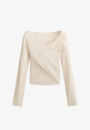 Svijetlosmeđa rebrasta bluza s dugim rukavima s ukriženim V-izrezom, koja ima teksturirani završetak i prilagođeni kroj.