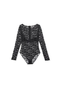 Body in pizzo nero con maniche lunghe, motivo floreale e scollatura a barca. Presenta una texture trasparente e una chiusura a chiave sul retro.