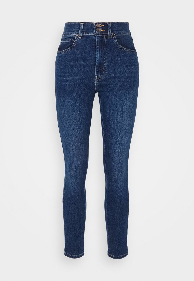 Jean en denim bleu marine taille haute avec une coupe slim, dotés de deux poches avant, d'une fermeture éclair et de coutures contrastantes.