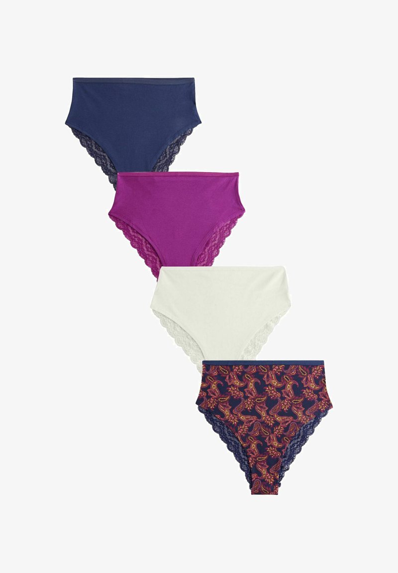 Neljast kõrgelt taljes aluspükste komplekt. Värvid: tumesinine, lilla, valge ja tumesinine paisleymustriga. Lilleline ääristamine talje ja jalgade avade ümber.