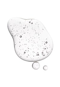 Goutte de liquide clair semblable à un gel contenant de nombreuses petites bulles d'air en suspension, accompagnée de deux gouttes plus petites séparées sur un fond blanc.