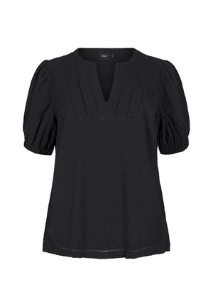 Black short-sleeve blouse with a v-neckline, gathered puff sleeves, textured pattern, and delicate lace detailing on the front.