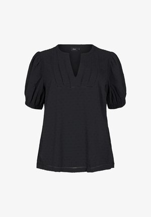 Schwarz kurzärmlige Bluse mit V-Ausschnitt, gerafften Puffärmeln, strukturiertem Muster und feinen Spitzenverzierungen auf der Vorderseite.