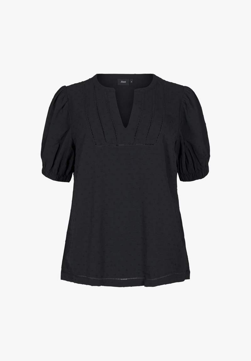 Blusa nera a maniche corte con scollatura a V, maniche puff arricciate, motivo testurizzato e delicati dettagli in pizzo sul davanti.