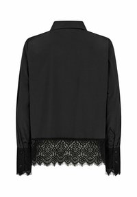 Black blouse with long sleeves, lace detailing at the hem and cuffs, classic collar, and smooth fabric texture.
