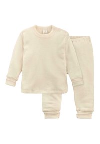 Cremefarbenes Loungewear-Set bestehend aus einem Langarmshirt mit Schulter-Druckknöpfen und passenden Hosen mit elastischen Bündchen. Weicher, strukturierter Stoff.