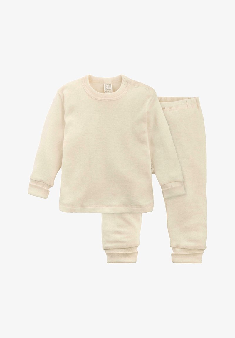 Cremefarbenes Loungewear-Set bestehend aus einem Langarmshirt mit Schulter-Druckknöpfen und passenden Hosen mit elastischen Bündchen. Weicher, strukturierter Stoff.