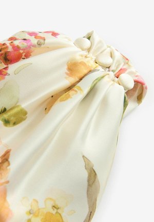Geantă de mână florală, realizată dintr-un material moale, ușor, în nuanța crem, cu modele abstracte în acuarelă în tonuri de roz, portocaliu și verde. Închidere cu butoane decorative.