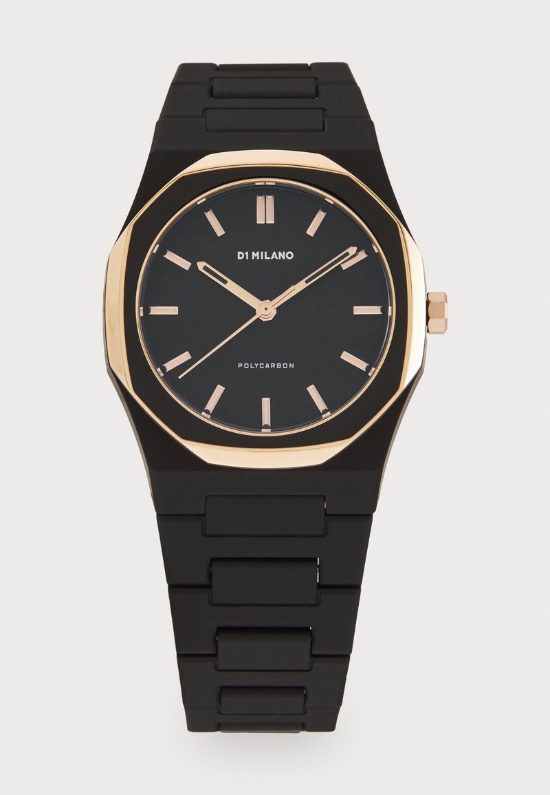 Montre en polycarbonate noir avec un boîtier octogonal et des accents en or rose. Dotée d'un cadran noir avec des index horaires minimalistes et un bracelet en caoutchouc.