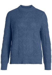 Niebieski sweter z plecionki z okrągłym dekoltem, długimi rękawami i prążkowanym wykończeniem. Tekstura ma wypukły wzór na całej powierzchni materiału.
