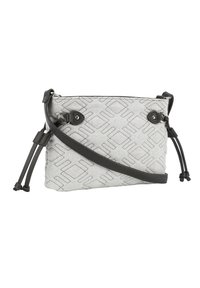 Graue, gemusterte Handtasche mit schwarzen Ledelementen. Verfügt über einen langen, verstellbaren Schulterriemen und zusammengeschnürte Bindungen an beiden Seiten.