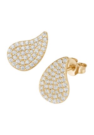 Gold teardrop-shaped stud earrings encrusted with rows of small round clear crystals, featuring butterfly back fastenings.