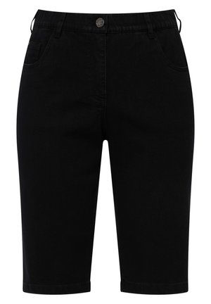 Zwarte denim bermuda shorts met een knoopsluiting, vijf zakken en een recht gesneden zoom. Zachte textuur en een klassiek ontwerp.