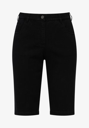 Schwarze Denim-Bermuda-Shorts mit Knopfverschluss, fünf Taschen und geradem Saum. Weiche Textur und klassisches Design.