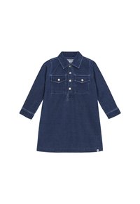 Granatowa sukienka z długim rękawem z zamszowej tkaniny, z kołnierzykiem, z przodu zapinana na guziki oraz z dwiema kieszeniami na piersi zapinanymi na guziki.
