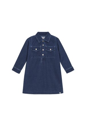 Marineblauwe corduroy jurk met lange mouwen, kraag, knoopsluiting aan de voorkant en twee knoopzakken op de borst.