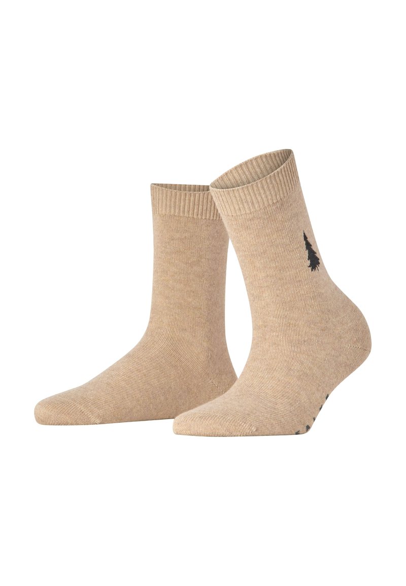 Beige Baumwollknöchelsocken mit gerippten Bündchen und einem kleinen schwarzen Baum-Logo an der Seite. Glatte Textur und schlichte Knöchellänge.