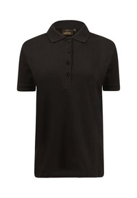 Schwarzes Polo-Shirt aus Baumwollmaterial. Verfügt über einen klassischen Kragen, eine Drei-Knopf-Leiste und kurze Ärmel. Glatte Textur, keine Muster.