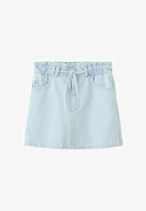 Svijetloplava traper suknja s elastičnim pojasom, vezicom, petljama za remen, džepovima sprijeda i ravnim rubom.