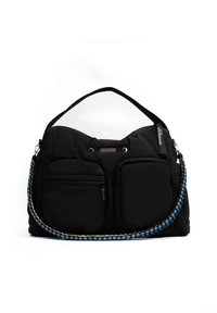 Black padded handbag with two front pockets, carry handle, and a braided strap featuring blue and beige accents. Features a mesh detail at the top.